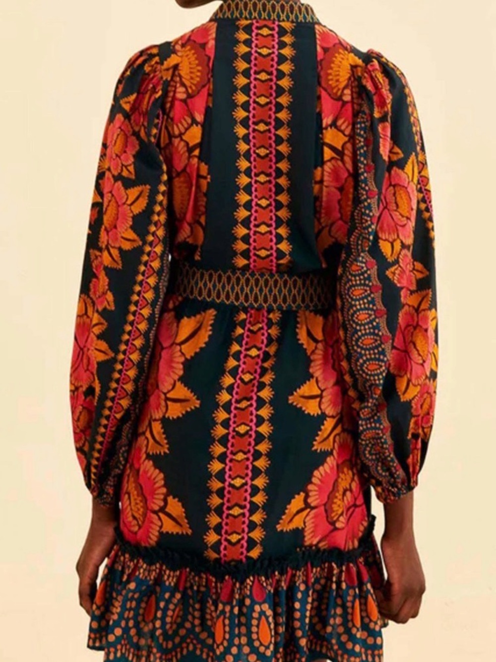 FARM RIO - Boho Floral Belted Mini Dress - Navy, Pink & Orange - Picture 2 of 4